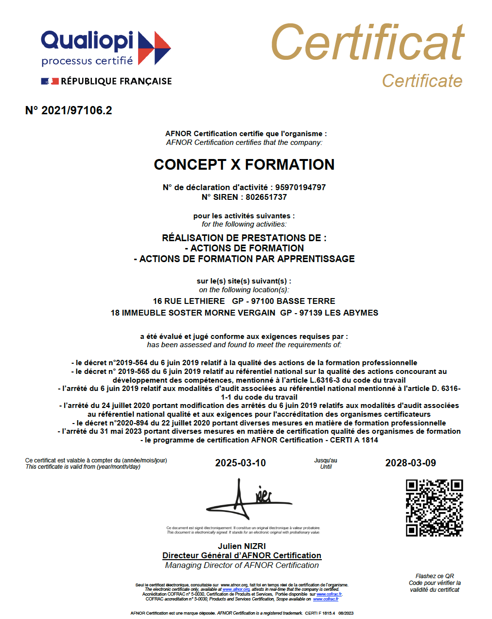Certificat Qualiopi Concept X Formation